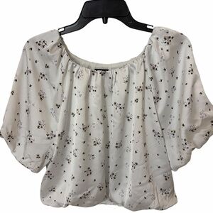 Ann Taylor Floral Puff Sleeve Blouse White Cream Satin Peasant Top Size Large